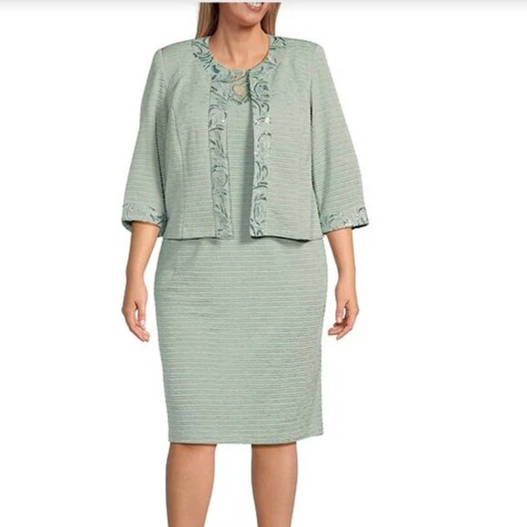 Le Bos Plus Size 34 Sleeve Round Neck Embroidered Mesh Trim Textured 2-Piece Jacket Mother of the Bride Dress, Womens, 20W, Dusty Sage